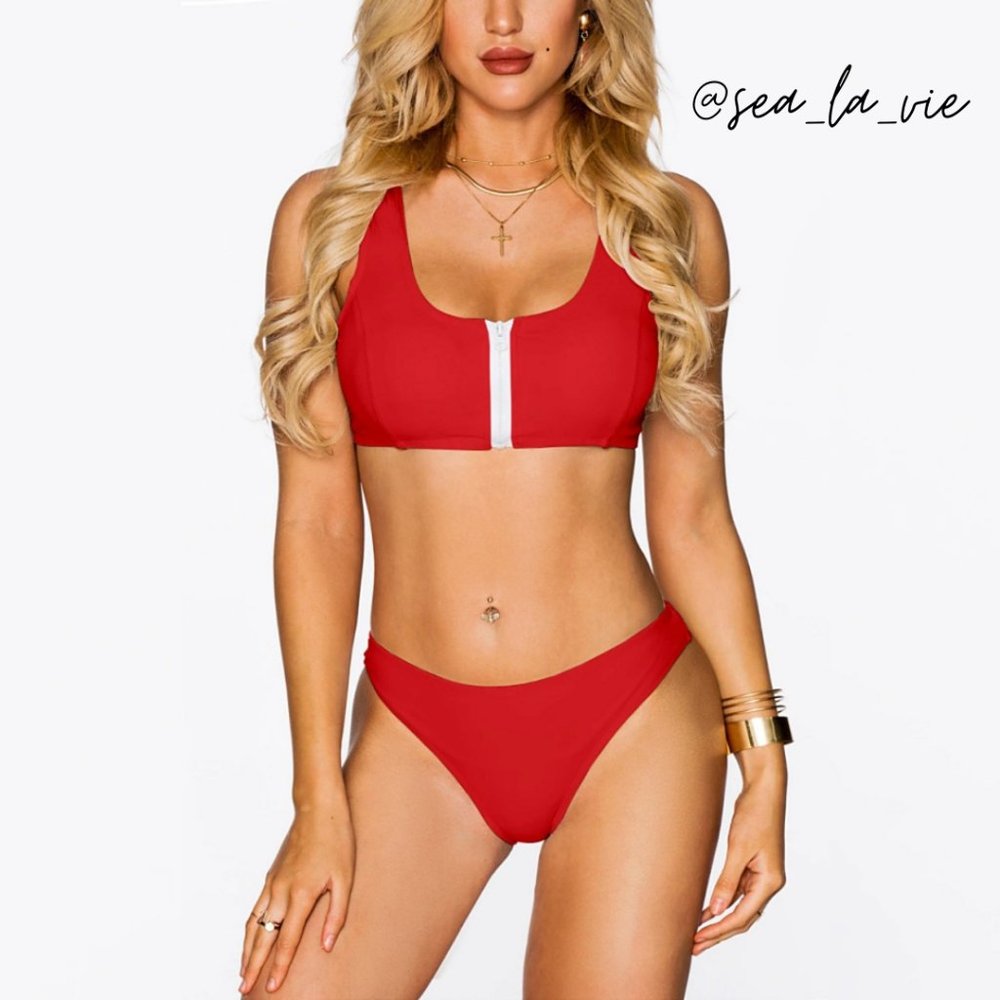 Red & White Scoop Neck Zip-Front Crop Top Bikini - Picture 1 of 15